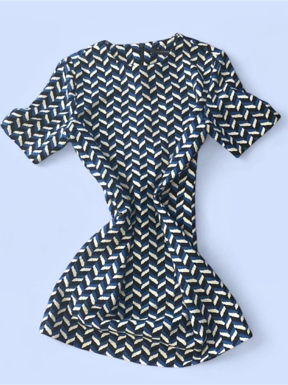 Zara Woman Chevron Geometric Shift Dress Mini in Blue & Cream S